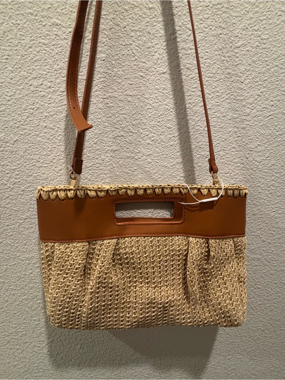 Moda Luxe Tan Straw and Leather-Trim Crossbody Bag
